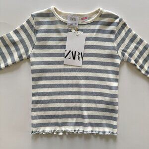 ZARA Ribbed Stripe Tee | Short Sleeve, Lettuce Hem | Blue & Cream | 2–3Y | NWT
